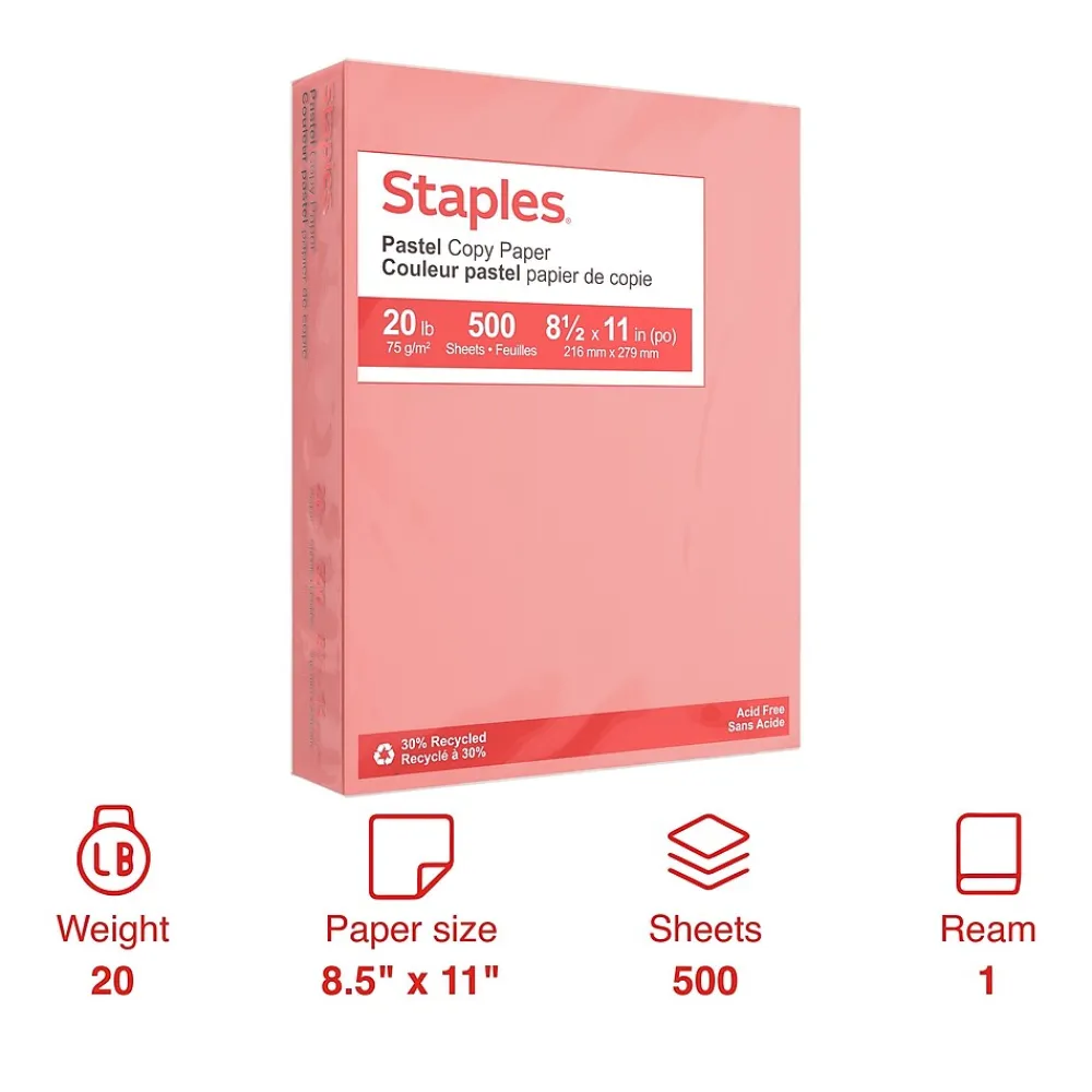 Multipurpose Paper*Staples Pastel 30% Recycled Color Copy Paper, 20 lbs., 8.5" x 11", , 500/Ream (14783) Salmon