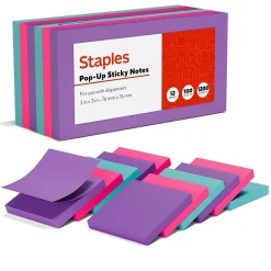 Sticky Notes*Staples Pop-up Notes, 3" x 3", Berry Blast Collection, 100 Sheet/Pad, 12 Pads/Pack (52225)