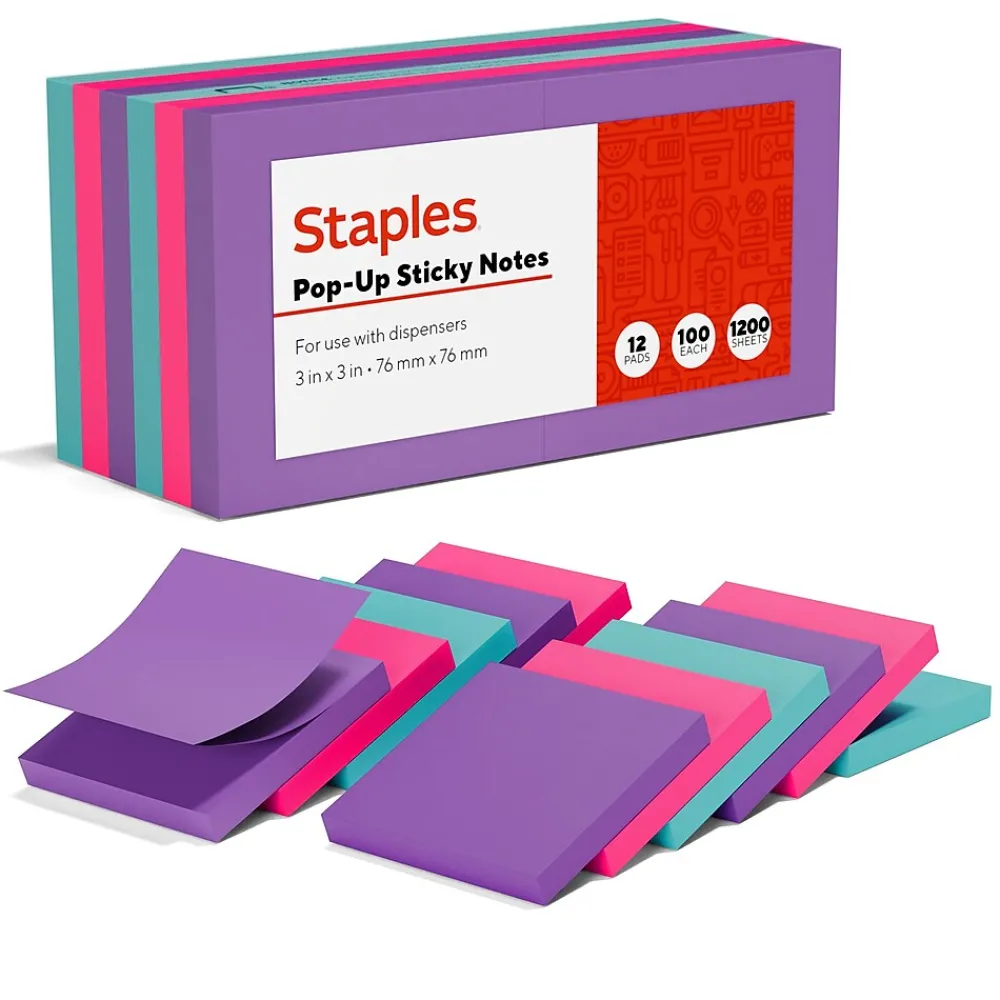 Sticky Notes*Staples Pop-up Notes, 3" x 3", Berry Blast Collection, 100 Sheet/Pad, 12 Pads/Pack (52225)