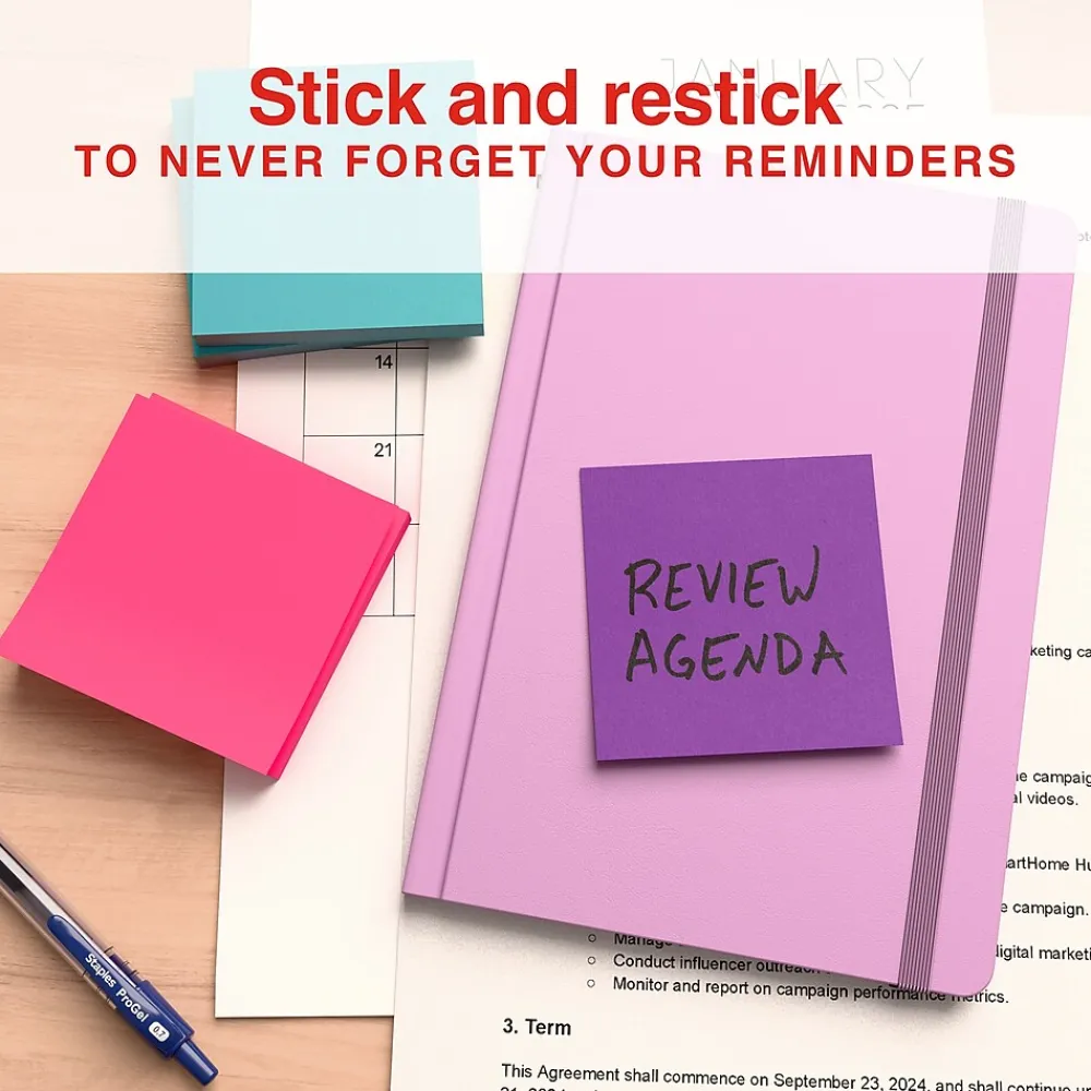 Sticky Notes*Staples Pop-up Notes, 3" x 3", Berry Blast Collection, 100 Sheet/Pad, 12 Pads/Pack (52225)