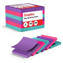 Sticky Notes*Staples ® Pop-up Notes, 3" x 3", Berry Blast Collection, 100 Sheet/Pad, 6 Pads/Pack (S33BOP6/52558)