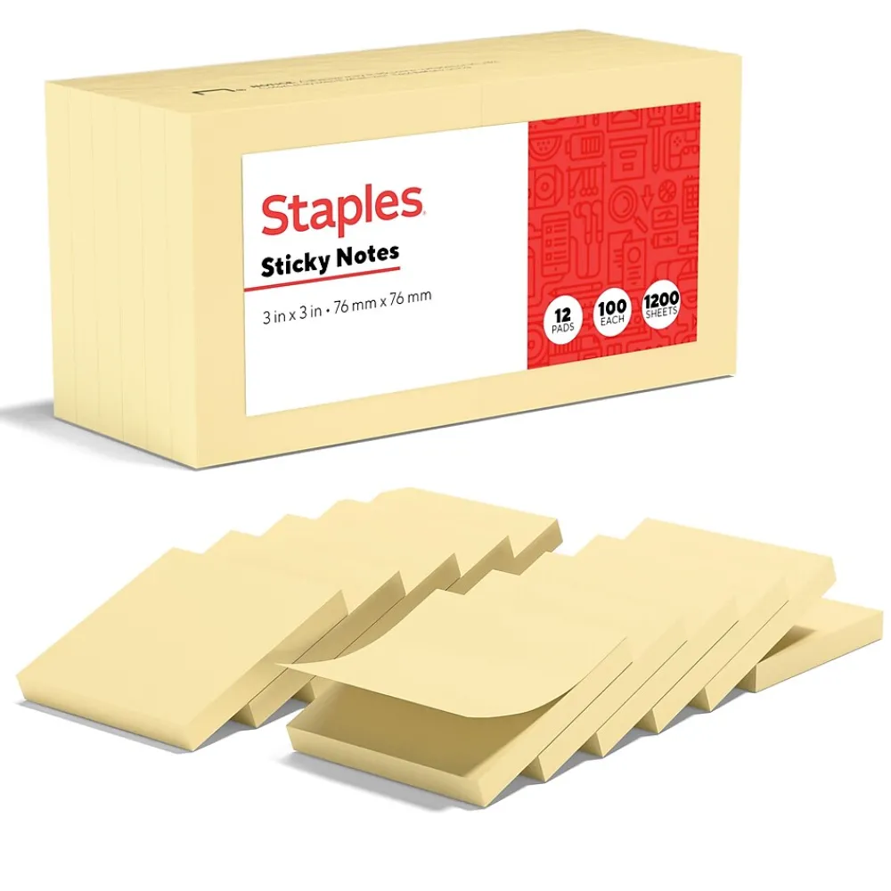 Sticky Notes*Staples Recycled Notes, 3" x 3", Sunshine Collection, 100 Sheet/Pad, 12 Pads/Pack (S33YR12/52564)