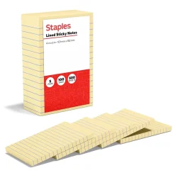 Sticky Notes*Staples Recycled Notes, 4" x 6", Sunshine Collection, Lined, 100 Sheet/Pad, 5 Pads/Pack (S46YR/552572)