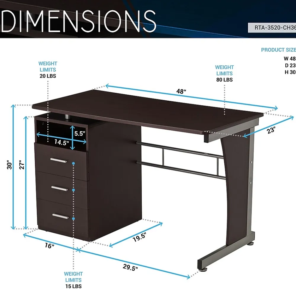 Computer Desks*RTA Techni Mobili 48"W Computer Desk with Ample Storage, Chocolate (-3520-CH36)