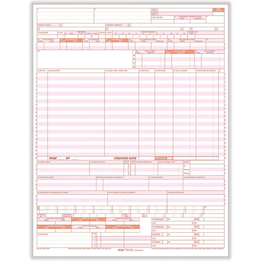 Medical Forms*TFP UB-04 CMS-1450 1-Part Health Insurance Claims, 2500/CT (UB04LC)