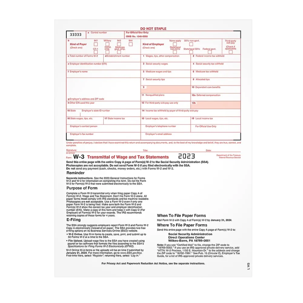 Tax Forms*TOPS 2024 W-3 Tax Form, 1-Part, 25 Forms/Pack (LW325)