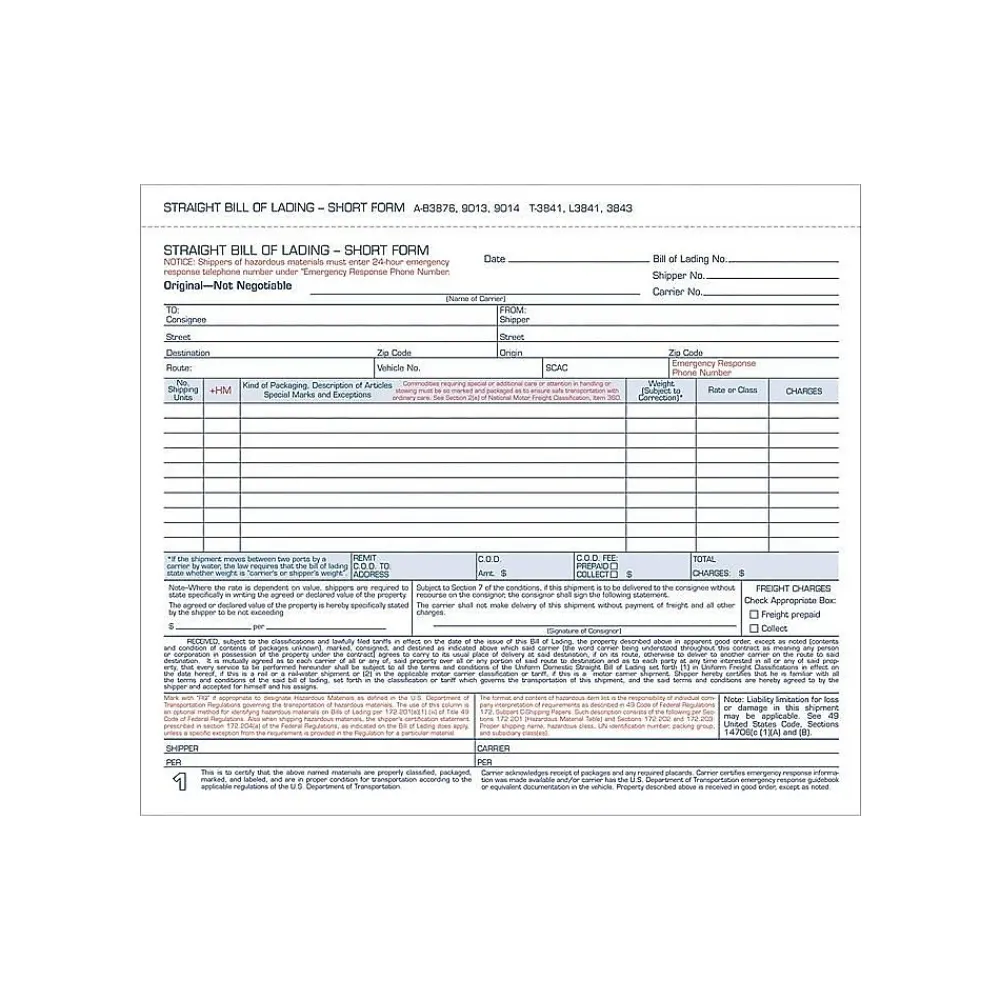 Business Forms*TOPS 3-Part Carbonless Bill of Lading, 8.5"L x 7.44"W, 250 Sets/Book, /Box (L3841)