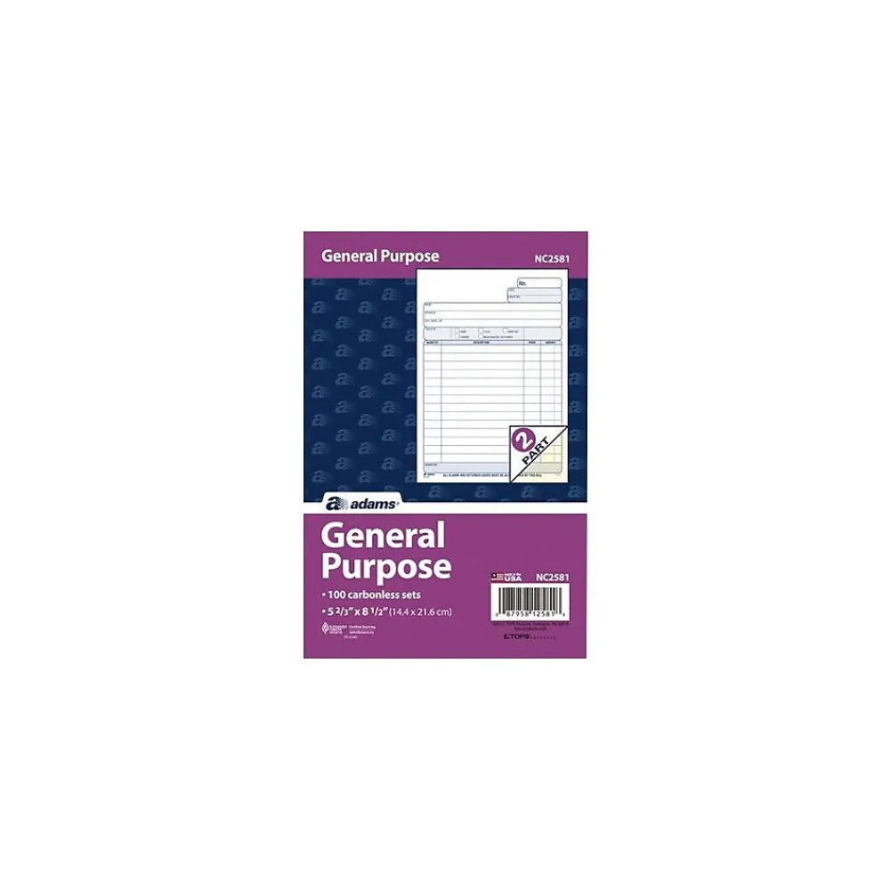 Business Forms*TOPS 2-Part Carbonless General Purpose Forms, 100 Sets/Book (NC2581)