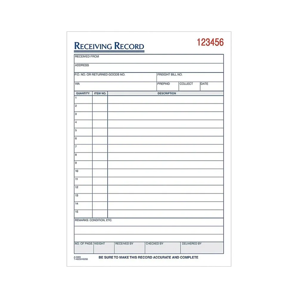 Business Forms*TOPS 3-Part Carbonless Receiving Records, 5.56"W x 7.94"L, 50 Sets/Book (46260)