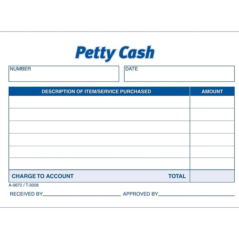 Business Forms*TOPS 1-Part Petty Cash, 5" x 3.5", 50 Sets/Book (3008)