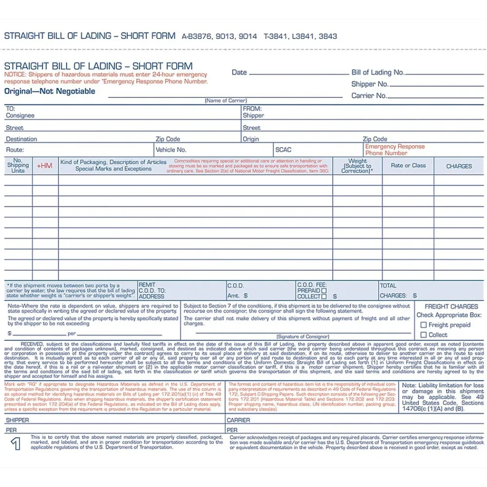 Business Forms*TOPS ® Snap-Off® Bill Of Lading, Short Forms, 4 Part, 8-1/2" x 7"