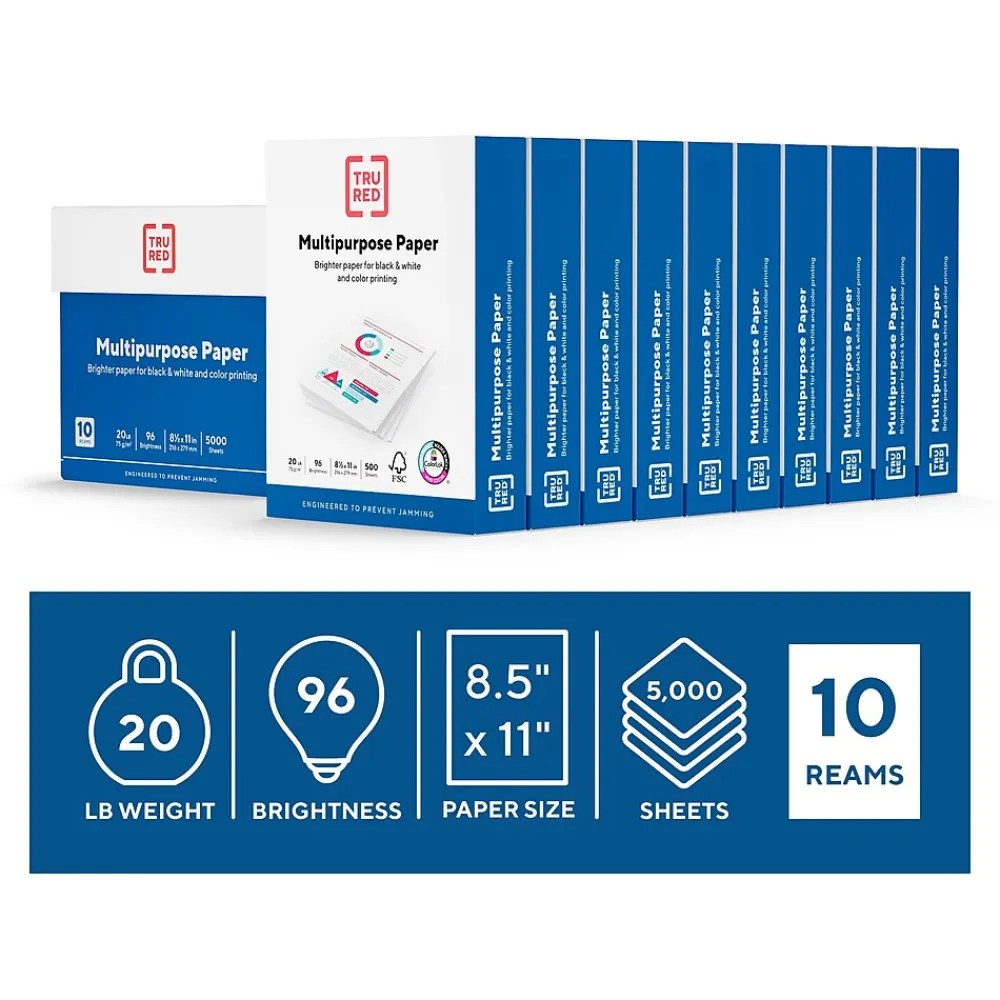 Multipurpose Paper*TRU RED ™ 8.5" x 11" Multipurpose Paper, 20 lbs., 96 Brightness, 500 Sheets/Ream, 10 Reams/Carton (TR56962)