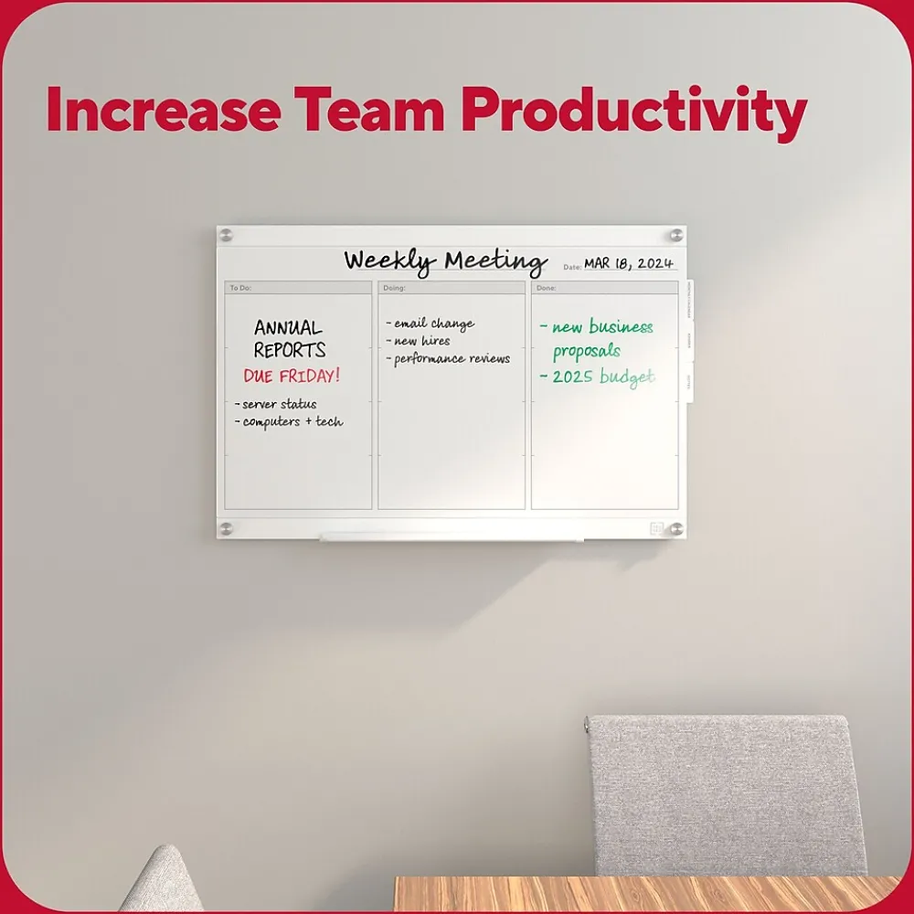 Dry Erase*TRU RED ™ Templated Magnetic Glass Dry-Erase Whiteboard, 3' x 2' (TR62139)