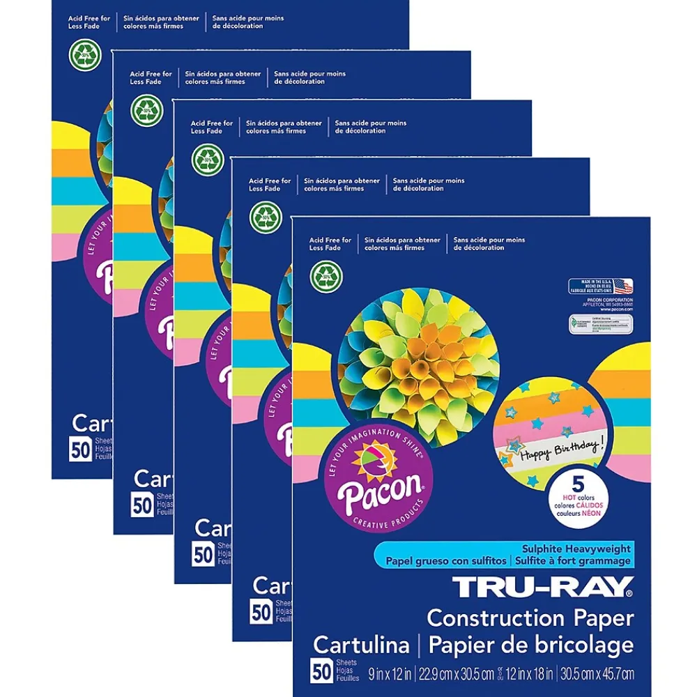 Construction Paper*Pacon Tru-Ray® Construction Paper, 5 Assorted Hot Colors, 9" x 12", 50 Sheets Per Pack, 5 Packs (PAC6596-5)