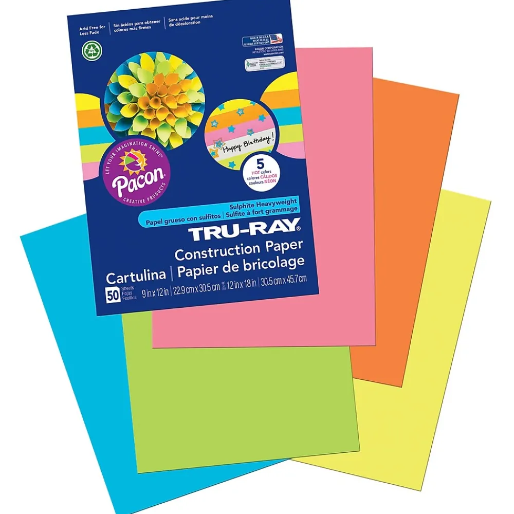Construction Paper*Pacon Tru-Ray® Construction Paper, 5 Assorted Hot Colors, 9" x 12", 50 Sheets Per Pack, 5 Packs (PAC6596-5)